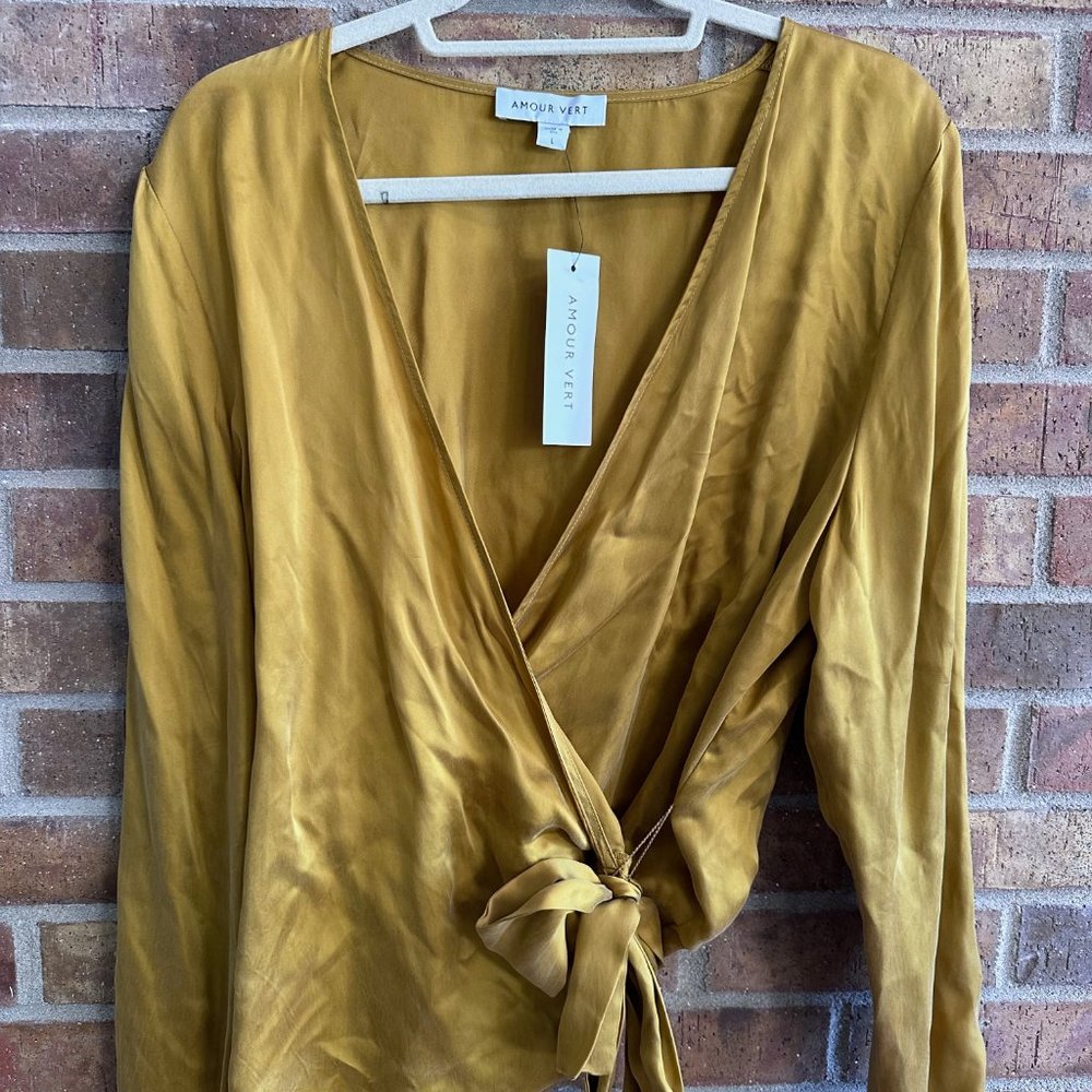 Amour Vert Gold Wrap Blouse with Tie NWT